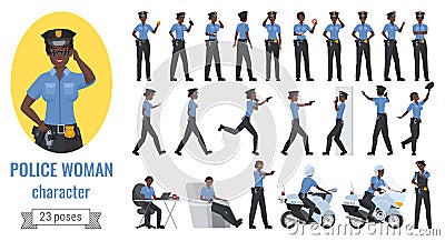 Police black african american female officer woman different poses gestures set Vector Illustration