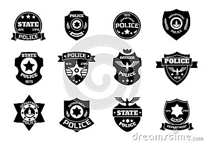 Police black symbol. Cop badge with shield and sheriff star, law enforcement officer patch insignia. Vector federal Vector Illustration