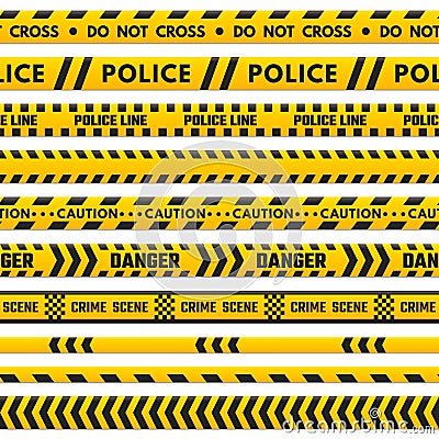 Police black and yellow line do not cross. Barricade boundary isolated by danger tape. Crime scene barrier stripes Vector Illustration