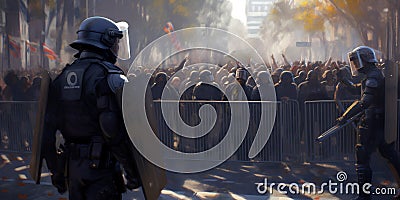 Police block the crowd during a protest against the government with AI generated. Stock Photo