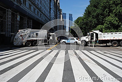 Police Blockade, Heavy Duty Vehicles Parked On West 59th Street, Near Grand Army Plaza, Protecting 5th Avenue During The Labor Day Editorial Stock Photo