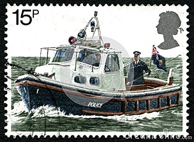 Police Boat UK Postage Stamp Cartoon Illustration