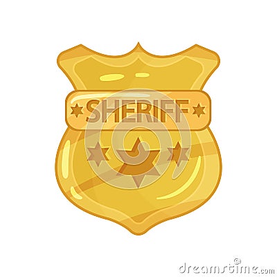 Flat vector illustration of police golden badge with stars and engraved word sheriff. Policeman emblem. Vector Illustration