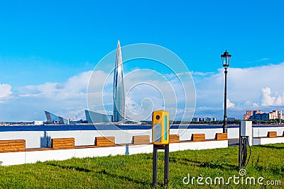 Police call box on an empty summer city embankment Editorial Stock Photo