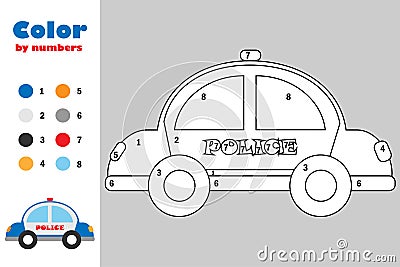 Police car in cartoon style, color by number, education paper game for the development of children, coloring page, kids preschool Stock Photo