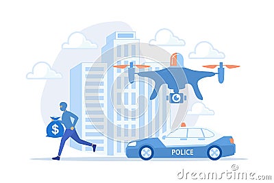 Police car and drone tracking thieve in mask with money and crime scene. Law enforcement drones, police drone use, smart city IoT Vector Illustration