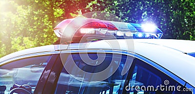 Police car with focus on siren lights. Beautiful siren lights ac Stock Photo