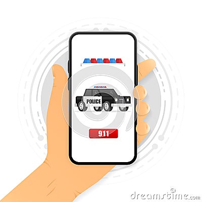 Police car isolated on screen device. Calling in police. Vector illustration. Vector Illustration