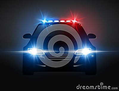 Police car light siren in night front view. Patrol cop emergency police car silhouette with flasher Vector Illustration