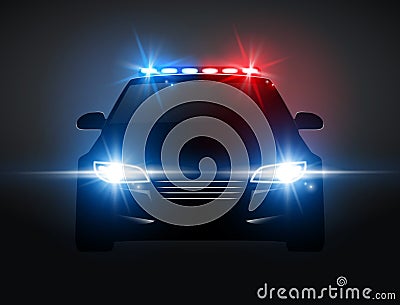 Police car light siren in night front view. Patrol cop emergency police car silhouette with flasher Vector Illustration