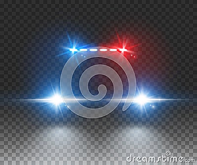 Police car light siren in night on transparent. Patrol cop emergency police car flasher Vector Illustration