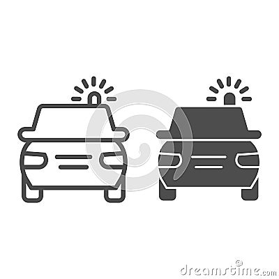 Police car line and solid icon. Cop automobile with rooftop flashing lights symbol, outline style pictogram on white Vector Illustration