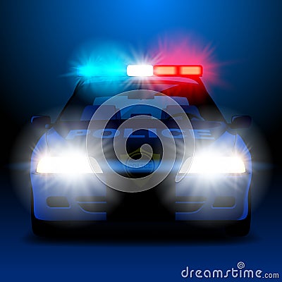 Police car in night with lights in frontal view Vector Illustration