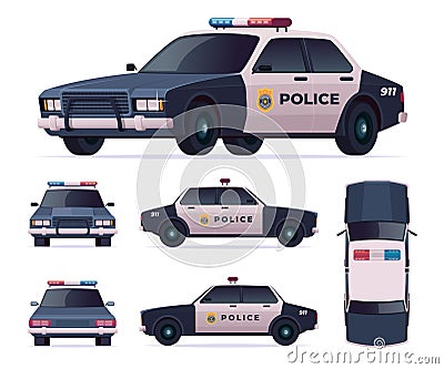 Police car set. Patrol official vehicle, cop automobile chase and pursuit criminals. View front, rear, side, top. Vector Illustration