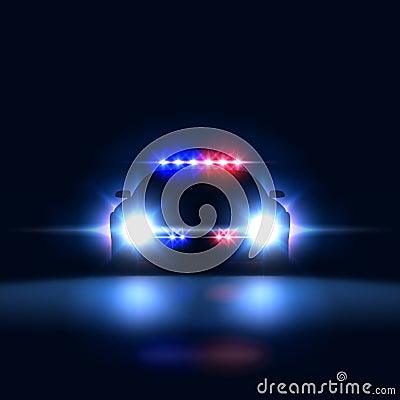 Police car sheriff at night with flashing light. Police security patrol on car in dark with siren, vector illustration Vector Illustration