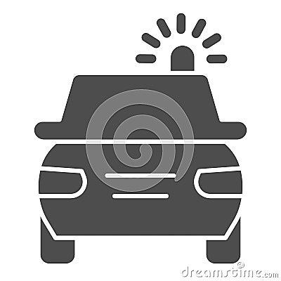 Police car solid icon. Cop automobile with rooftop flashing lights symbol, glyph style pictogram on white background Vector Illustration