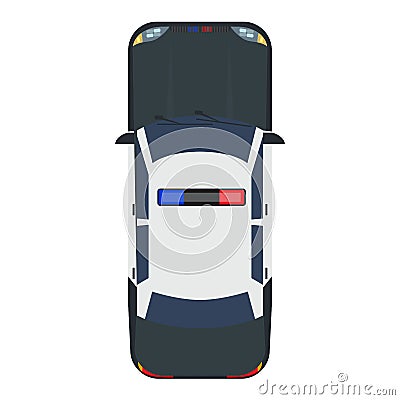 Police car with top view. Solid and flat color style design. Vector Illustration