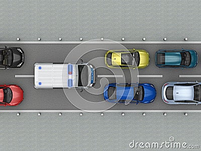 The police car is in traffic jam on the road Stock Photo