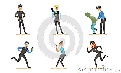 Police Characters In Daily Dangerous Work Vector Illustration Set Isolated On White Background Vector Illustration