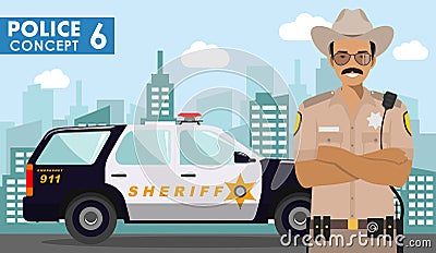 Police concept. Detailed illustration of policeman, sheriff on background with police car and cityscape in flat style. Vector Cartoon Illustration