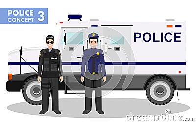 Police concept. Detailed illustration of SWAT officer, policeman and armored car in flat style on white background Vector Illustration