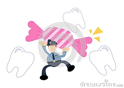 police officer and dental care stop eat candy cartoon doodle flat design vector illustration Vector Illustration