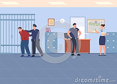 Police Department. Police officers in various work processes of law enforcement agencies. Observance and protection of Vector Illustration