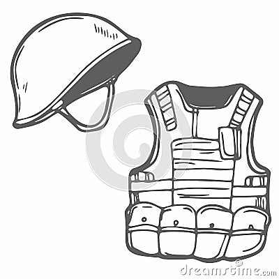 Doodle body armor and army helmet icon sketch in vector isolated on white. Military elements and equipment Vector Illustration