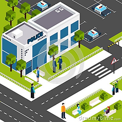 Police department station isometric poster Vector Illustration