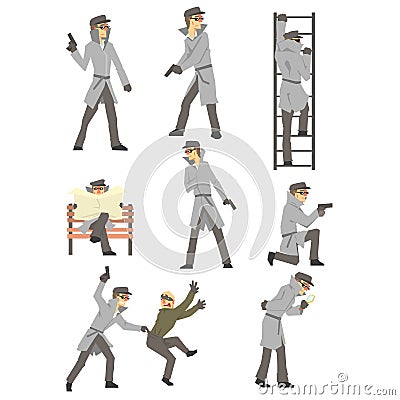 Police Detective And Private Investigator At Work Investigating And Solving Crimes Set Of Situations Vector Illustration