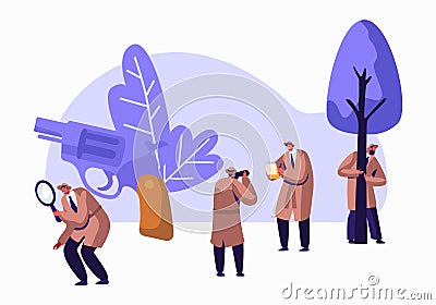 Police Detectives, Private Investigators at Work Solving Crimes. Top Secret Undercover Agents, Spies in Classic Hats Vector Illustration