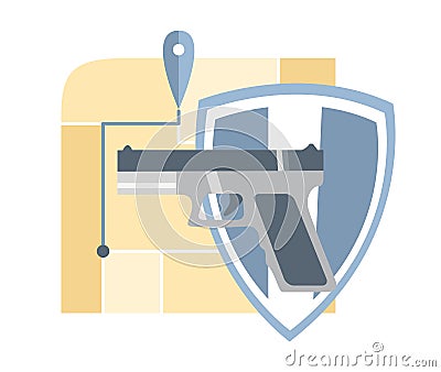 Police duty icon, pistol with shield and map, flat style illustration Cartoon Illustration