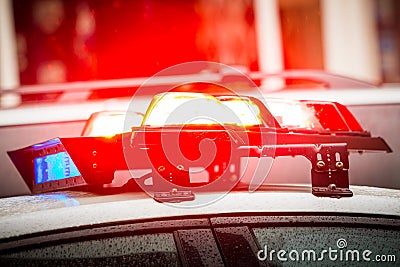 Police emergency lights with warning text Stock Photo