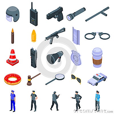 Police equipment icons set, isometric style Vector Illustration