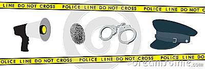 Police equipment: megaphone, handcuffs, hat and fingerprint Vector Illustration