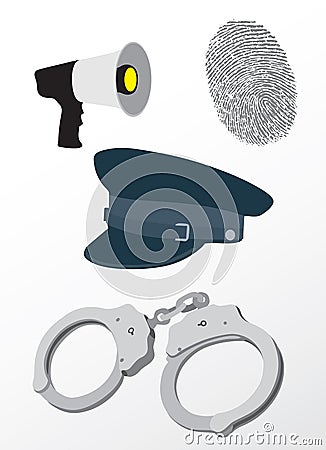 Police equipment: megaphone, handcuffs, hat and fingerprint, Stock Photo