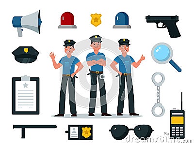 Police equipment. Police officer characters in uniform with professional equipments, badge, handcuffs and walkie-talkie Vector Illustration