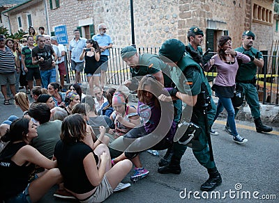 Police evicts a protest against a bull run in Mallorca. Editorial Stock Photo