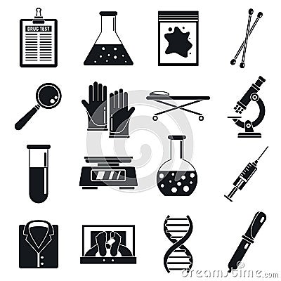 Police expert laboratory icons set, simple style Vector Illustration