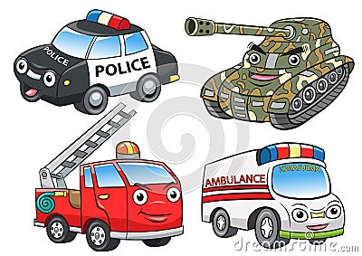 Police fire ambulance tank cartoon Vector Illustration