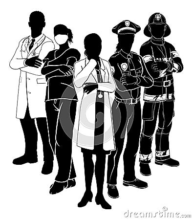 Police Fire Doctor Emergency Team Silhouettes Vector Illustration