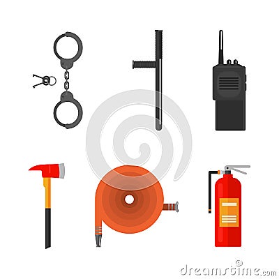 Police and Firefighting Equipment with Handcuffs, Baton, Walkie Talkie, Axe, Hose and Fire Extinguisher Vector Set Vector Illustration