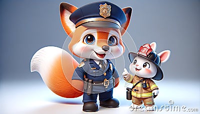 Police fox and a cartoonish Rabbit firefighter AI generated Stock Photo