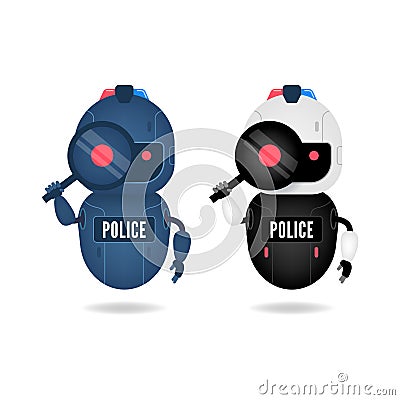 Police friendly android robot looking through the magnifying glass. Search conceptual. Vector Illustration