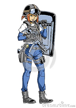 Police girl with gun and shield Vector Illustration