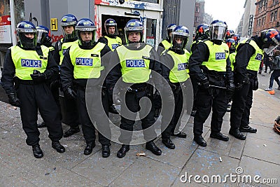 Police Guard a Bank at a Riot in London Editorial Stock Photo