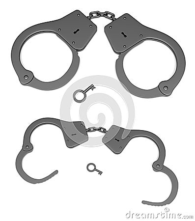 Police handcuffs with a key. Open and closed. 3d rendering illustration isolated Cartoon Illustration