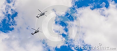 police helicopter. heli copter flight. helicopter transport. helicopter flying in the sky. two helicopter rotorcraft Stock Photo