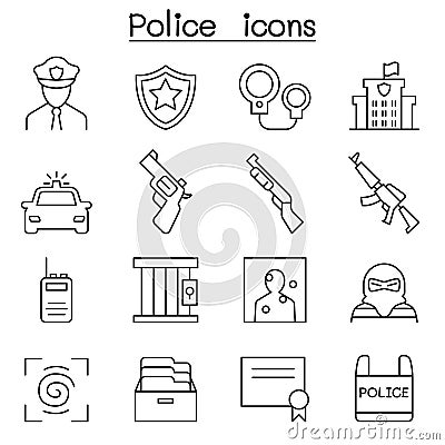 Police icon set in thin line style Vector Illustration