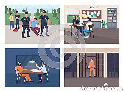 Police investigation flat color vector illustration set Vector Illustration